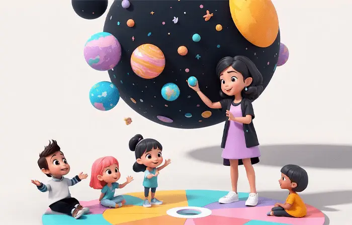 Joyful Children and Teacher 3D Illustration